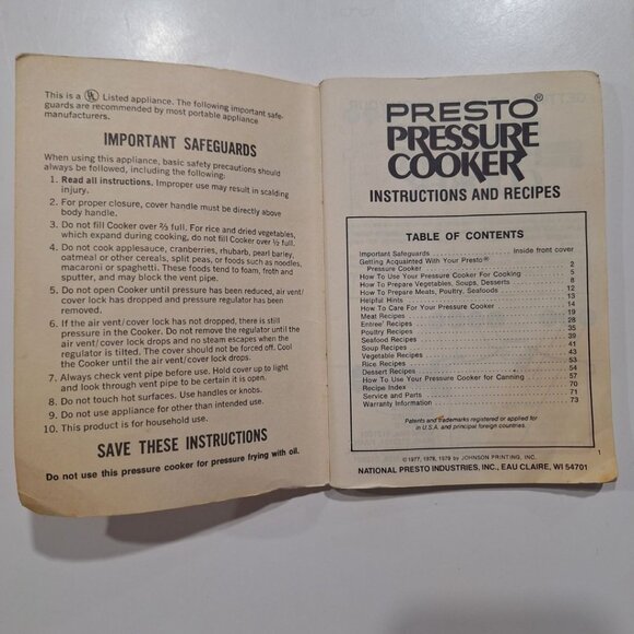 Presto Pressure Cooker Recipe Booklet Manual 1970s Vintage Instructions Meals - Picture 3 of 9